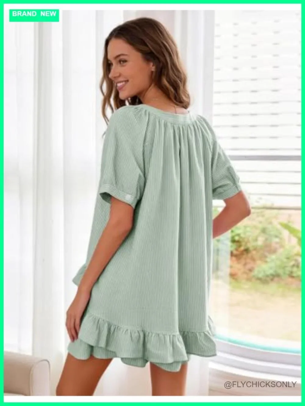 2 Piece Cotton Striped Pajama Set with Puff Sleeves Babydoll Top and Shorts